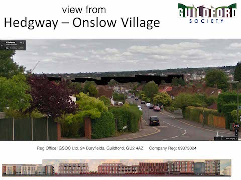 How the development may look like viewed from Onslow Village (see black shape) and an impression of the facade.