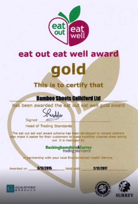 Gold 'eat out eat well' award for Bamboo Shoots.