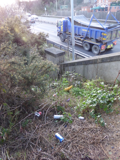 Litter discarded on the verges between the A3 (Midleton Road) and the A3 'bypass' photograohed from the footbridge at rhe foot oif Woodbridge Hill.