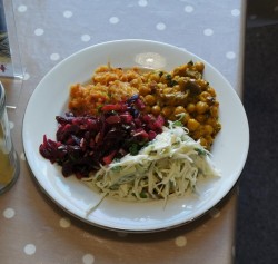 North African spiced chick pea, plum and aubergine stew with lentil and mango bake, coleslaw and a beetroot, apple, sunflower seeds and dill salad.