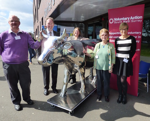 Pictured with one of the Cow Parade models, from left: Chris xxx, Mike xxx, Laura Tufnail, Pat xx and Carol Dunnett.