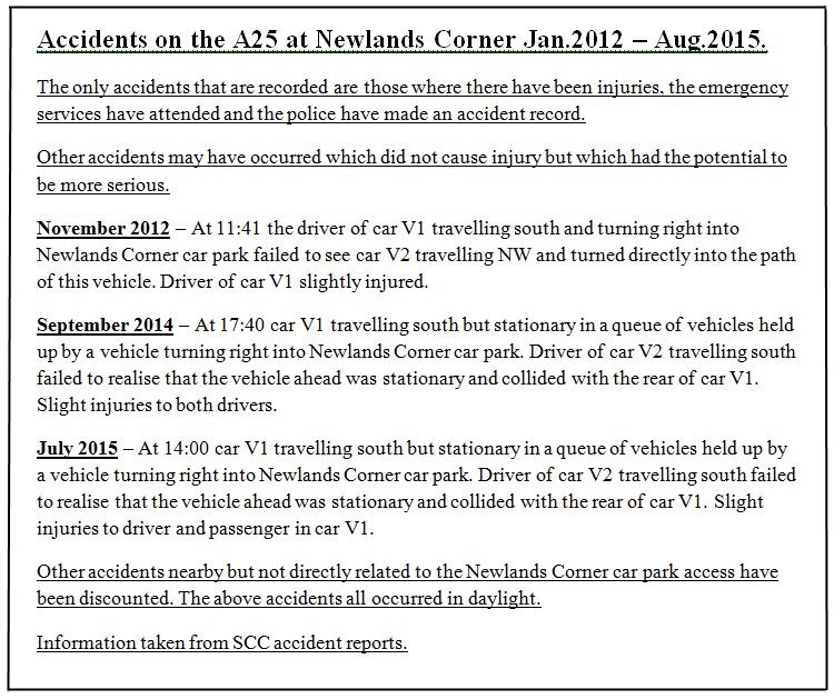 Recorded Accidents at Newlands Corner January 2012 to August 2015. Click to enlarge in a new window.