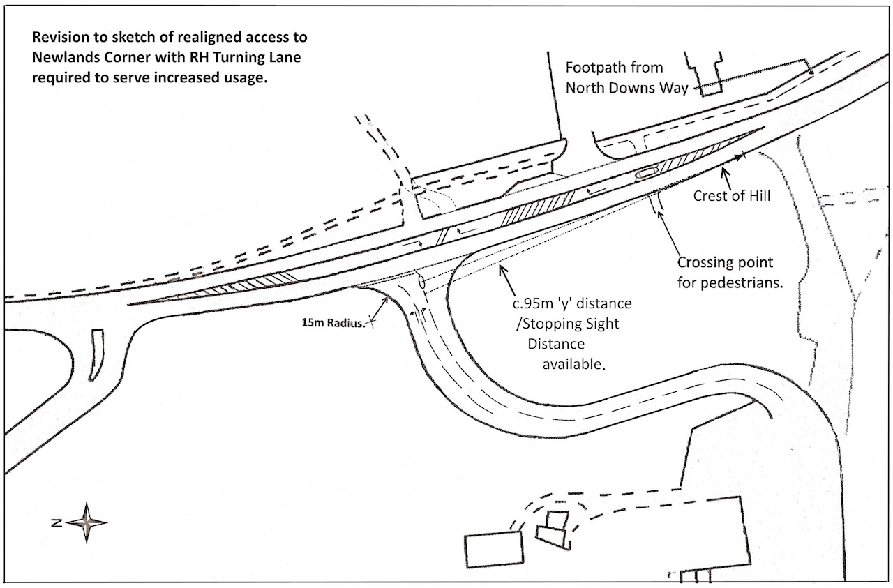 Revised sketch of Newlands Corner access and right-hand turn lane. Click to enlarge in a new window.
