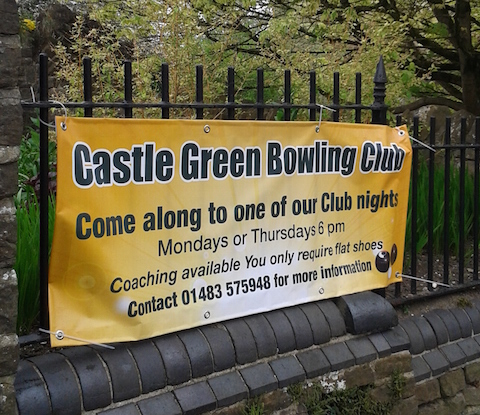 Castle Green’s banner at the entrance to the Castle Grounds, on Castle Street at the end of Tunsgate, welcoming new members to the club and half price for the first year.