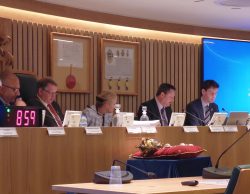 Council leader Paul Spooner (second from right) addresses the full council meeting last night just before the vote was taken to submit the Local Plan to public scrutiny.