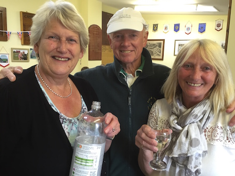 Fran Webster (left), Colin Summerhayes and Hazel Tappenden (right) following successful organiaation of the Alliots evening on the  green  at Castle Green Bowling Club.