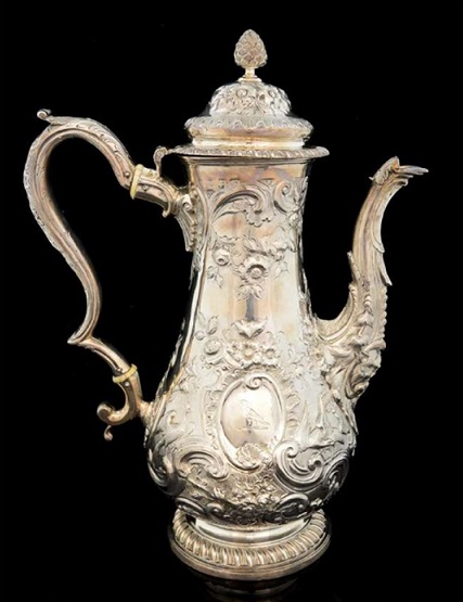 George III silver coffee pot London 1813 embossed with flowers and birds (estimate £250 - £350