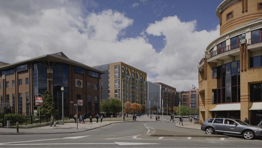 Artists impression of how a redeveloped station would look from the junction of the gyratory and Walnut Tree Close looking north.