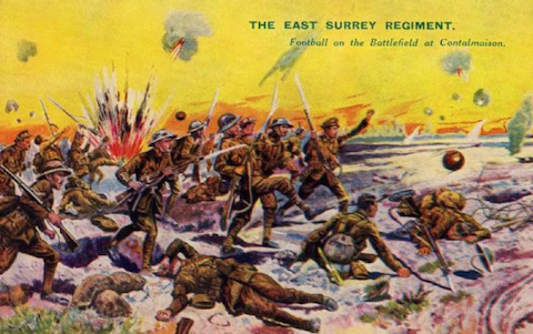 A picture postcard depicting the scene as men from the East Surrey Regiment kicked footballs as they advanced over No Man's Land.