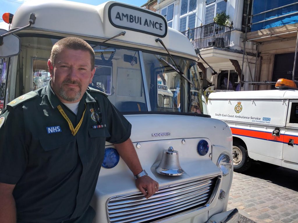 In service: a member of the London Ambulance Service, on whom so many rely, beside the 1967 Morris Wadham.