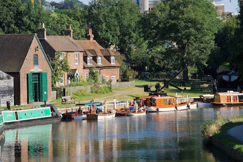 Dapdune Wharf looking glorious in the sunshine with steam boats moored up ready for the annual Puffing-A-Wey event.