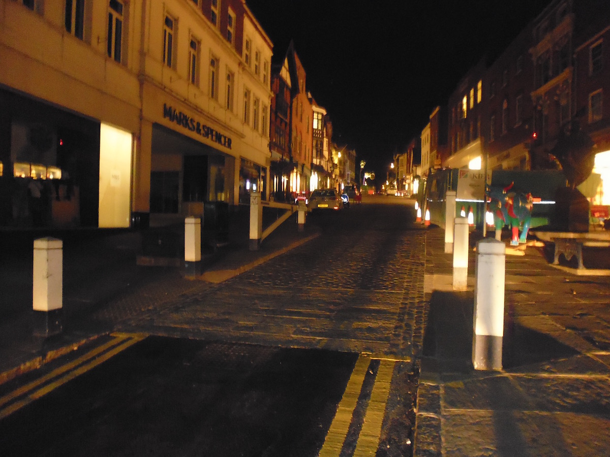 Guildford High Street this evening (August 10) with work now completed on the granite setts.
