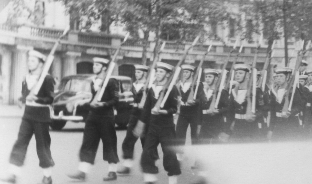 Guildford's TS Queen Charlotte Sea Cadets pictured taking part in the Trafalgar Day commemoration in London on October 21, 1958. Click to enlarge in a new window.