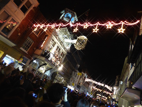 The switching on of Guildford's Christmas lights in 2015. There are new lights in the High Street this year (2016).