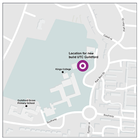 Map from Guildford UTC's website showin the location of the proposed college.