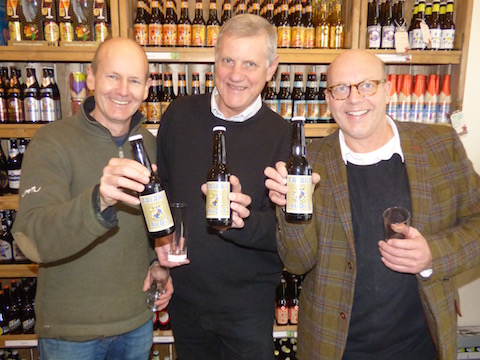 At the launch of the new Audit Ale. From left: Jim Taylor, founder and CEO of Little Beer Corporation, David Marlow, co-founer of INN@home, and writer and historian David Rose.