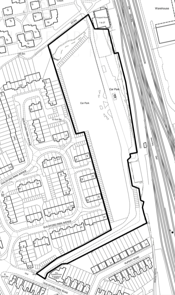 A plan showing the outline of the site to be developed which lies between Guildford Park Avenue and the railway line just north of Guildford station.