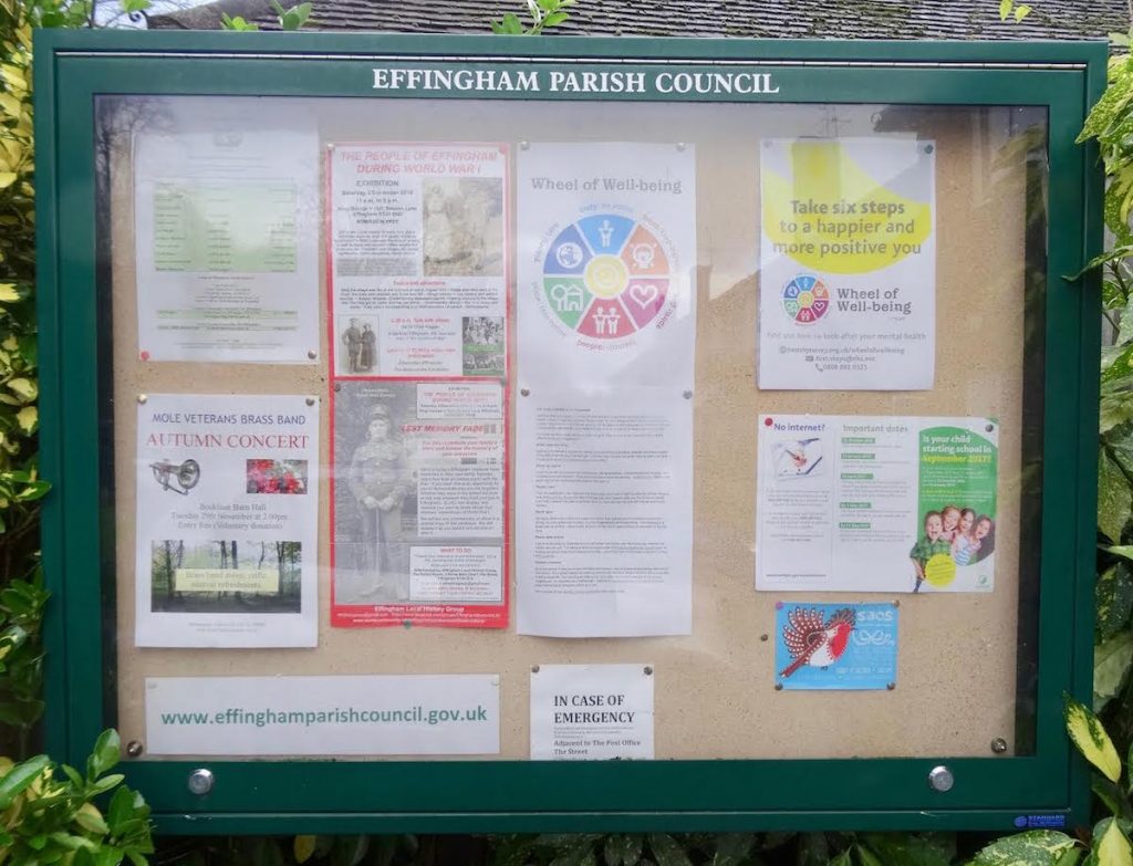 The well used Effingham parish council notice board by the shops