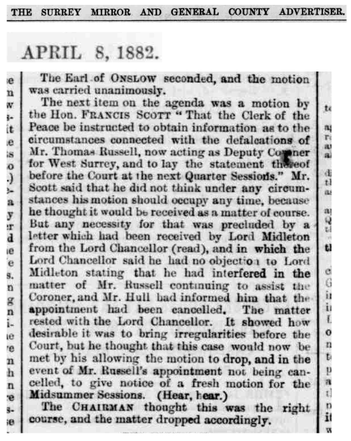 News article indicating that Thomas Russell had been removed from his post as deputy coroner for West Surrey